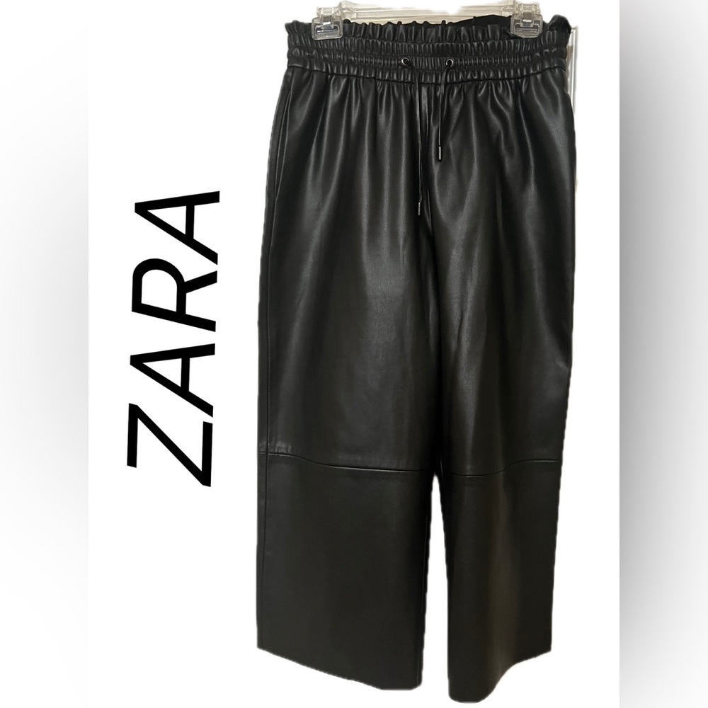 Zara Jet Black Leather Cropped Small Trousers